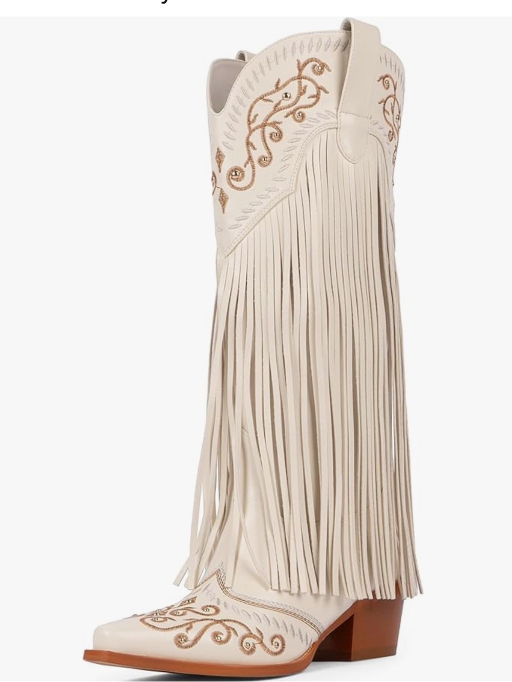Fringe Knee-High Cowboy Boots in Cream with Embroidered Detail